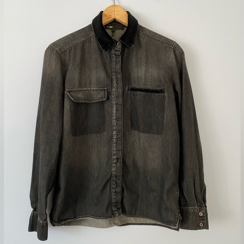 Maje Black Denim Button Up Shirt with Velvet Trim, Womens Size 1 (Small) Cotton